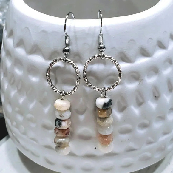 Agate Gemstone Rondelle Beads Textured Silver Ring Handcrafted Earrings - Picture 6 of 11